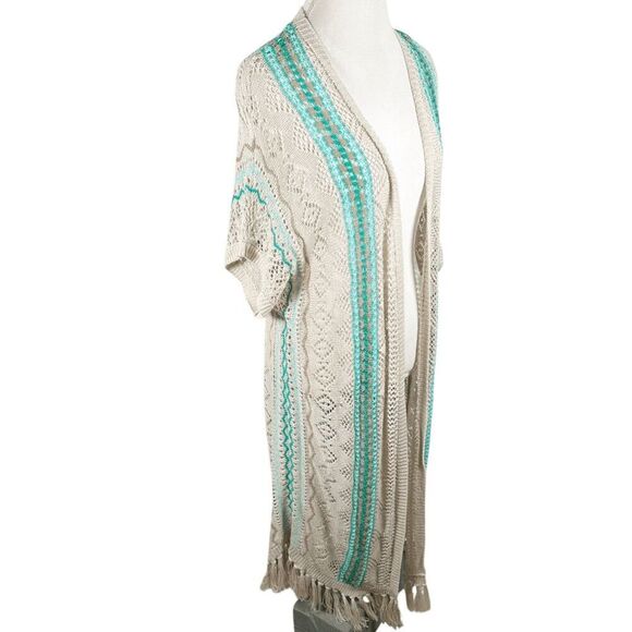 Chicos XL Open Knit Duster Cardigan Spring Summer Teal Mix Fringe Boho Size 3 - Picture 10 of 10